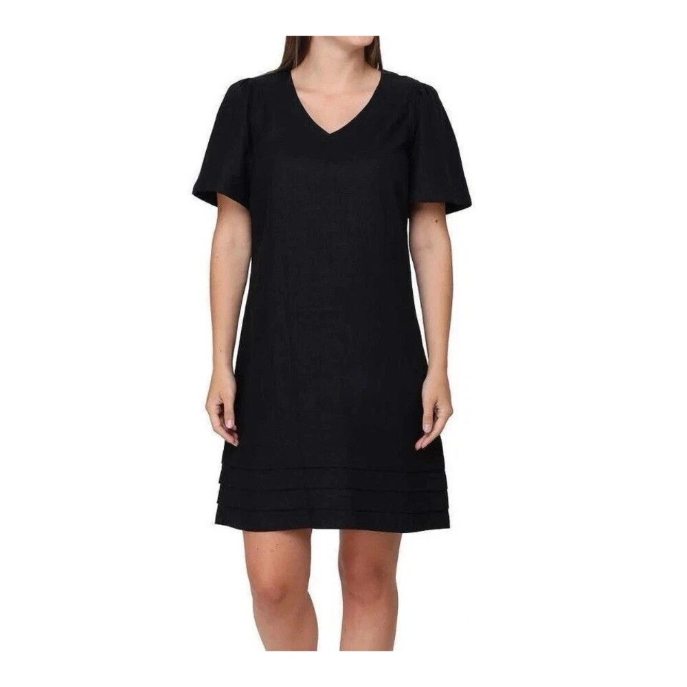 Nicole Miller Women’s Black Linen Dress XL V Neck Short Sleeve Minimalist